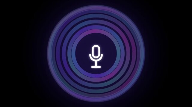 Voice Assistant Holographic Glow Ring Animation, White Microphone Icon with Purple Blue Pink Concentric Circles Pulsing, AI Voice Recognition Sound Wave Loop