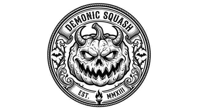 Demonic Squash Vintage Halloween Logo Design with Evil Horned Pumpkin Emblem and Gothic Ornaments