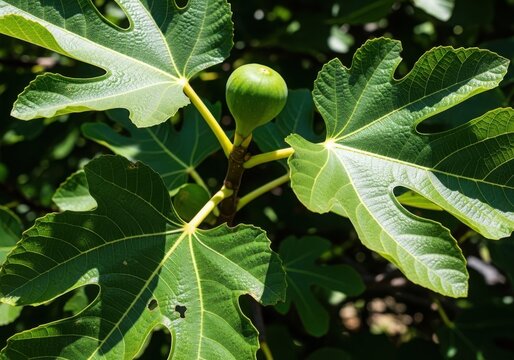 A single fresh green fig fruit growing on a branch with large leaves in a sunny garden