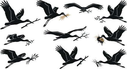 Obraz premium Flying Stork Silhouette Vector Set with Migrating Birds Carrying Sticks and Twigs for Nest Building in Wildlife and Nature Conservation Graphic Designs