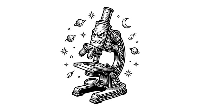 Vintage Engraving Style Illustration of an Angry Microscope Character Surrounded by Cosmic Space Elements