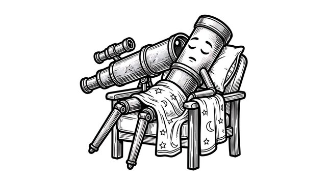 Humorous Hand Drawn Illustration of a Tired Telescope Character Sleeping in a Chair After Stargazing