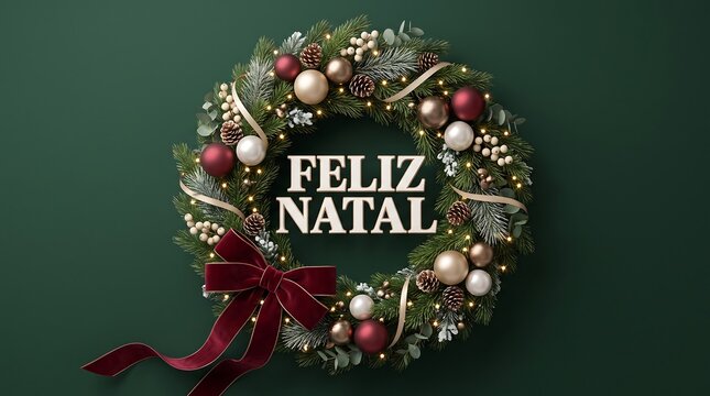 Feliz natal festive holiday wreath with greenery and ornaments