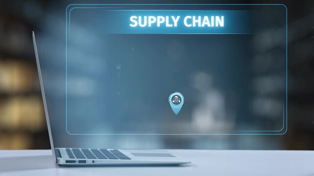 A modern laptop showcases a digital supply chain management interface, highlighting key icons and data visualization in a contemporary workspace. Ideal for logistics and business themes. Salient