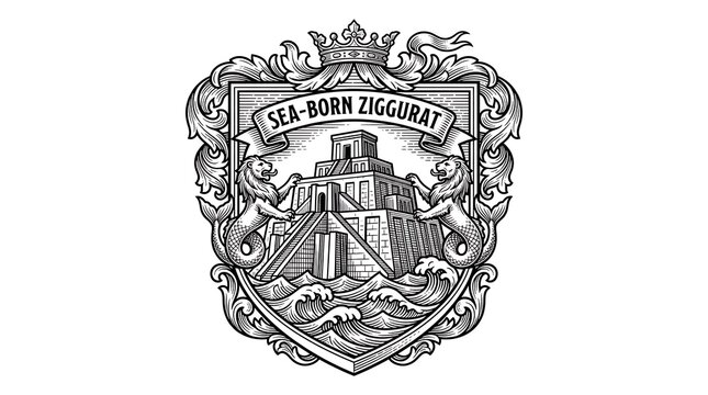Vintage Heraldic Crest Featuring Sea-Born Ziggurat with Sea Lions and Ornate Engraving Elements
