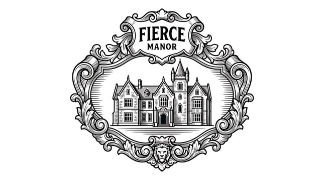 Vintage Engraving Style Emblem of a Grand Manor House with Ornate Scrollwork and Lion Head Detail