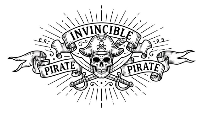 Vintage Pirate Captain Skull Emblem with Crossed Cutlasses and Invincible Banner Illustration
