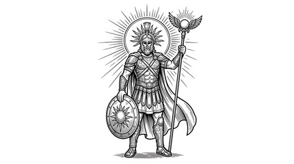 Obraz premium Ancient Greek God Apollo Illustration with Sun Shield and Staff Black and White Engraving Style