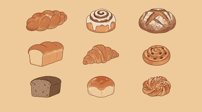 Variety of delicious fresh bread and bakery products vector illustration set in hand drawn style