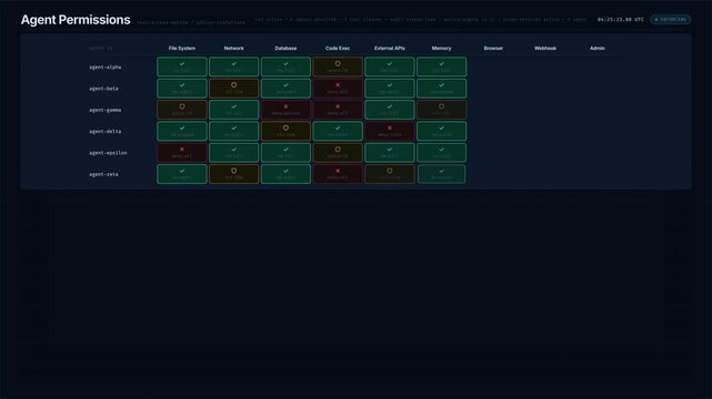 An interactive Agent Permissions Dashboard displaying tool access levels and policy violations with a sleek design featuring vibrant colors and detailed animations.