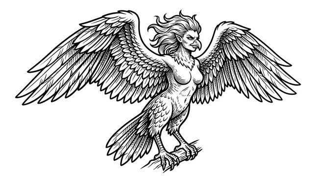 Mythological Harpy Creature with Spreading Wings and Sharp Talons Hand Drawn Engraving Style Illustration