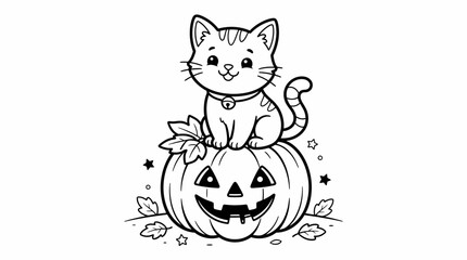 Fototapeta premium Cute Cat Sitting on Halloween Pumpkin Coloring Page