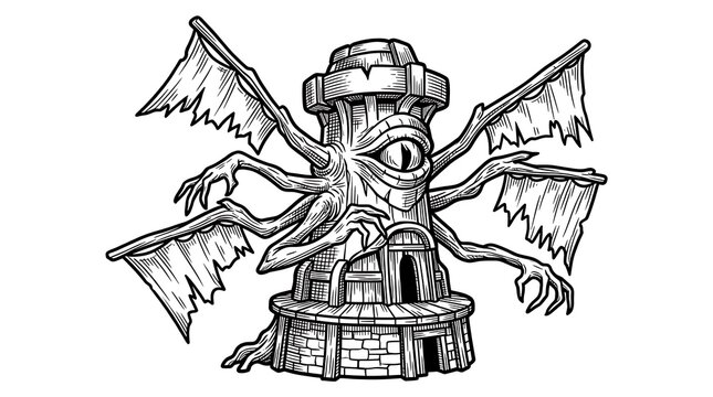 Spooky Windmill Monster with Giant Eye and Multiple Arms Engraving Style Black and White Illustration