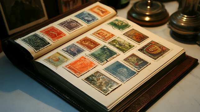 Family Stamp Collection Displayed Neatly In A Leather-Bound Album