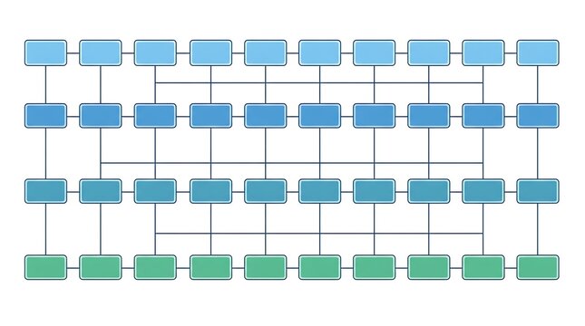 Abstract geometric grid diagram with colorful rectangular nodes and connecting lines structure
