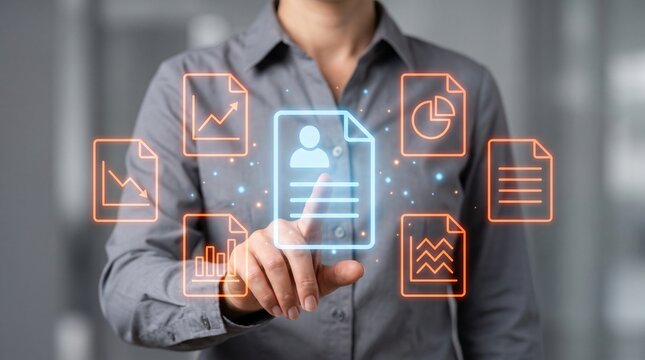 Close professional hand pressing glowing virtual resume icon with diagonal document charts for efficient smart recruitment process modern technology human talent and career data management system