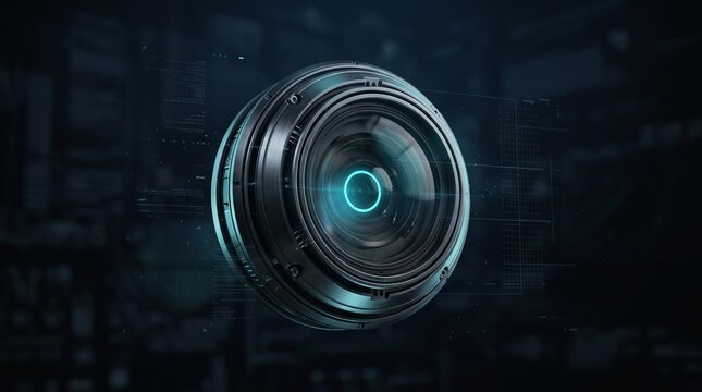 Futuristic camera lens with glowing cyan aperture floating in dark space representing digital photography computer vision and surveillance",