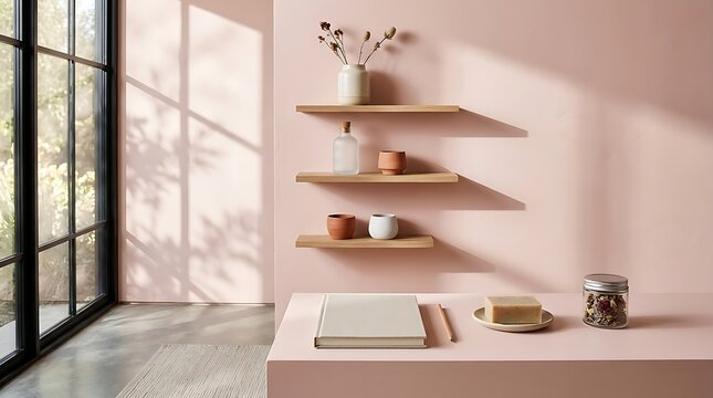 Minimalist interior design with floating shelves and home decor items