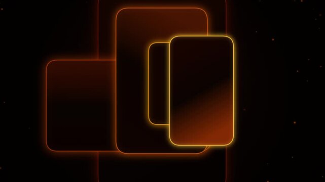 Neon Amber Kinetic Plates Animation, Glowing Orange Overlapping Rectangle Panels Sliding and Pulsing on Black Background, Futuristic Card Motion Graphics Loop