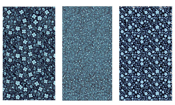 Navy blue ditsy floral seamless pattern vector, Indigo botanical tiny flowers textile background, Dark delicate repeating floral wallpaper swatch, Retro calico continuous fabric texture in cyan