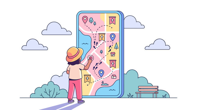 Digital Navigation Adventure featuring cartoon traveler interacting with giant smartphone map interface, ideal for travel apps and tourism marketing.