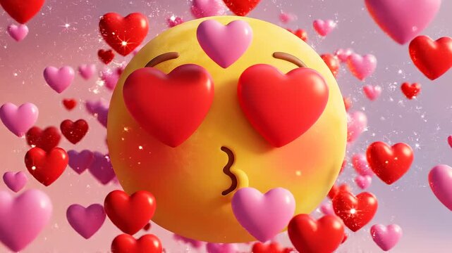 Emoji face transforming close-up into love expression with hearts, supporting reaction stickers, social media feedback, chat messaging, dating apps, romance graphics, and entertainment app media.