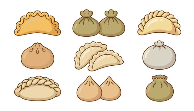 Set of cute cartoon traditional dumplings including khinkali gyoza pierogi and dim sum isolated on white background vector illustration