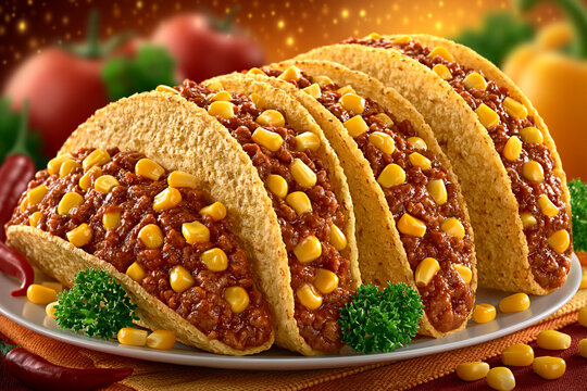 Crispy corn shell tacos filled with seasoned ground meat and sweet corn kernels tex mex