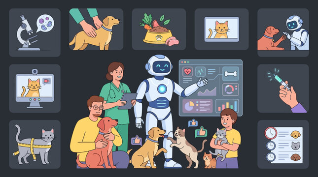 Future of Pet Care AI robot assisting veterinarian and pet owners with digital health data ideal for veterinary technology blogs and pet health apps.