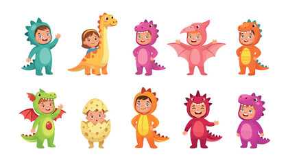 Set of cute cartoon children wearing colorful dinosaur costumes and hatching from egg isolated on white background vector illustration © motiur