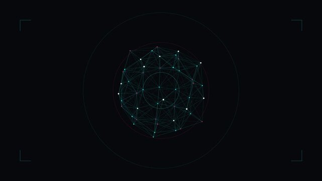 Rotating geometric wireframe sphere with glowing network nodes and digital