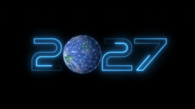 Glowing neon 2027 numbers typography with realistic planet earth globe replacing zero on dark background. Global new year celebration, international future vision, and planetary event idea concept.