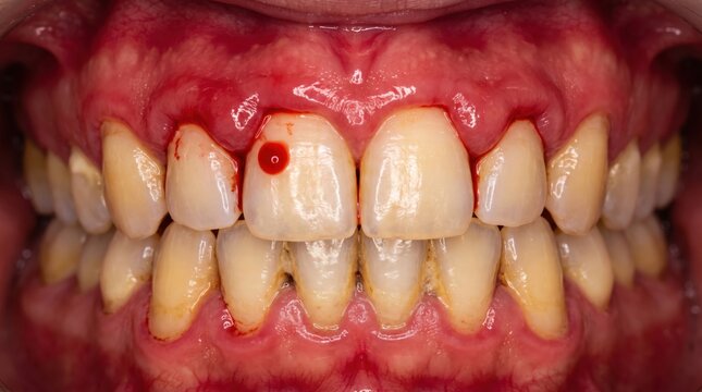 Close-up photo illustrating poor oral hygiene with bleeding inflamed gums and dental plaque formation on teeth.