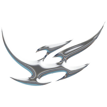 Abstract Y2K tribal metal chrome shape element with sharp futuristic edges and reflective surfaces