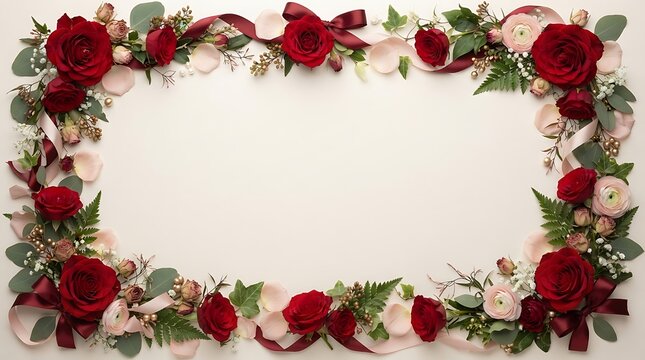 Elegant floral frame with red roses and ribbons