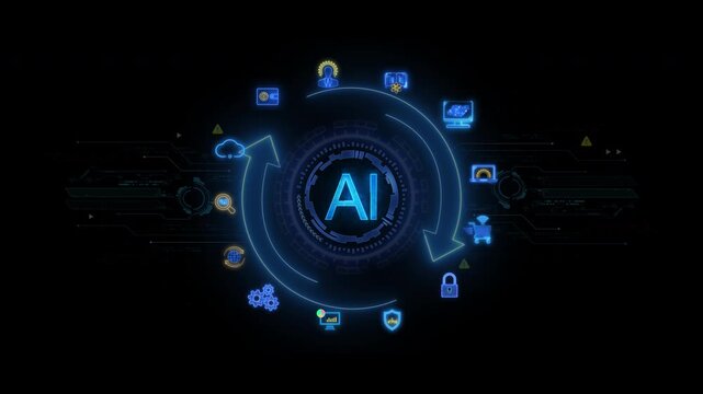 Glowing neon AI text HUD circle with rotating circulation arrows on dark background. Artificial intelligence ecosystem automation, continuous machine learning workflow, and digital system concept.