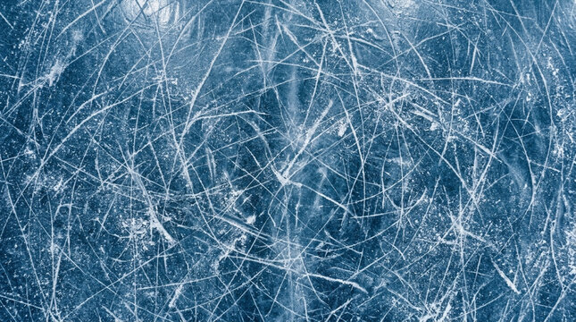 Scratched blue ice surface on a professional skating rink
