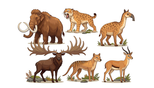 Prehistoric and extinct ice age animals vector set featuring woolly mammoth saber-toothed tiger thylacine and irish elk illustration