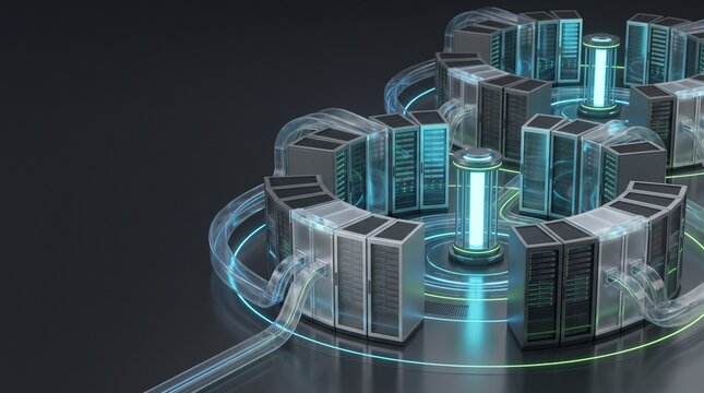 Circular server farm arrangement with glowing light cores and transparent conduits for massive data storage infrastructure.