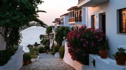 Obraz premium A charming coastal village pathway lined with white buildings vibrant pink flowers and lush greenery leading to the sea