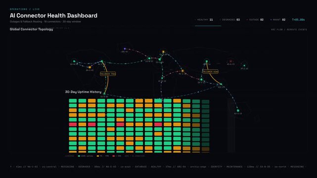 Stylized AI Connector Health Dashboard visualizes outages and fallback routing with animated topology map, uptime history, and decision tree in a dark operational theme.