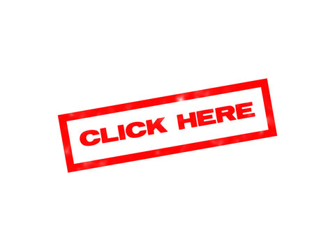 A bold red rectangular stamp with the words click here written in capital letters, isolated on a solid black background, for web isolated on a transparent background