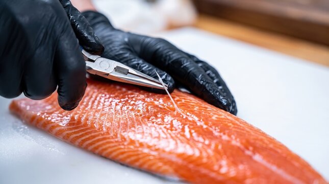 Chef hands in black gloves using pliers to remove small pin bones from fresh raw salmon fillet.