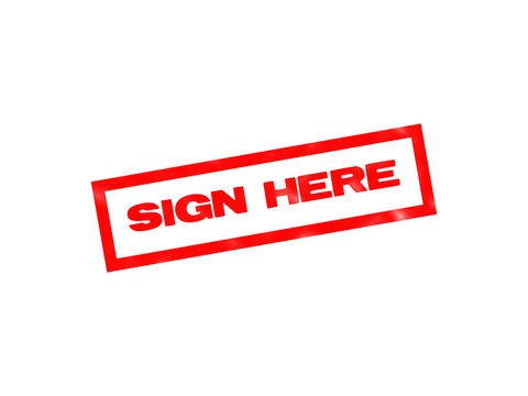 A bold red rubber stamp style rectangular frame containing the words sign here in capital letters, isolated on a solid black background isolated on a transparent background