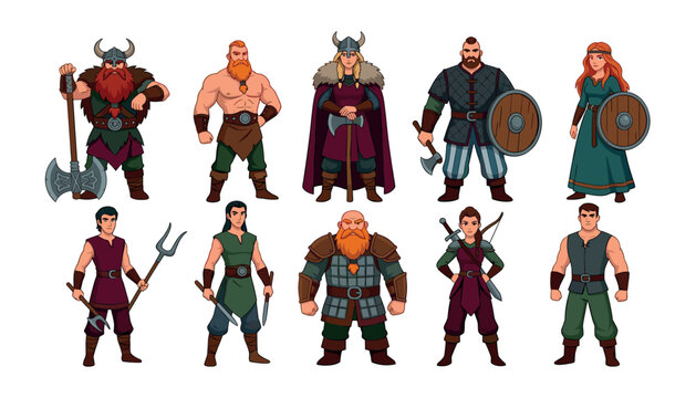 Nordic warrior character asset pack featuring powerful male and female fighters with traditional medieval gear flat style vector