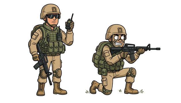 Military soldier character vector set featuring army infantry man with walkie talkie and kneeling rifle shooter isolated on white background