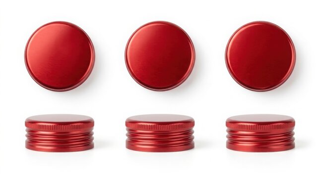 Three red metal bottle caps shown from top and side angle view for beverage or drink packaging