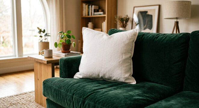 White pillow on green velvet sofa in modern living room