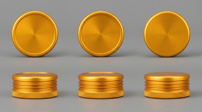 Set of shiny gold coin stacks and single coins in different perspectives for financial business use