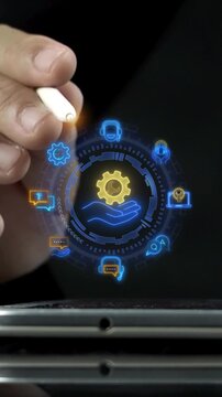 Businessman hand using stylus pen with smartphone vertical shot beside glowing service gear hub. Automated operational assistance workflow, customer service support management, and system concept.